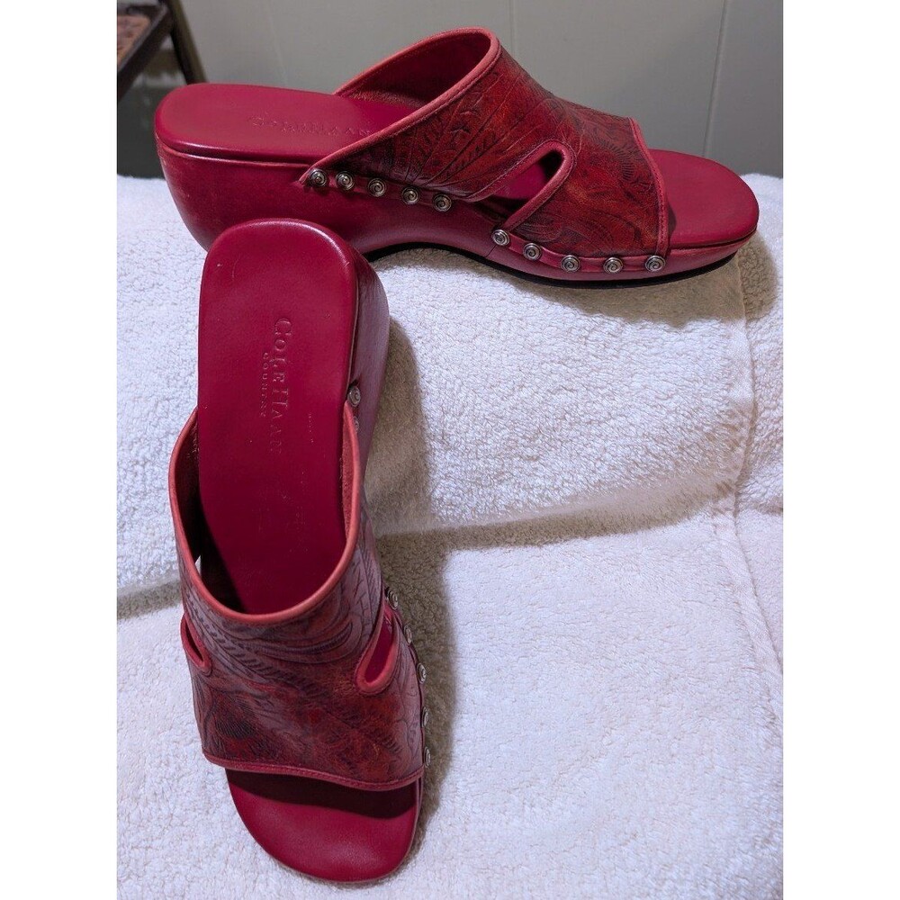 Cole Haan Country Red Tooling Leather Studded Platform Clogs Mules Sandals 8 AA